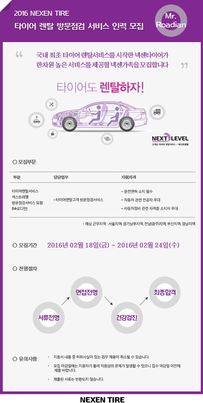 2016 NEXEN TIRE 타이어 렌탈 방문점검 서비스 인력 모집