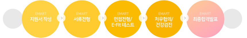 지원서 작성 → 서류전형 → 면접전형/E-Fit 테스트 → 처우협의/건강검진 → 최종합격발표