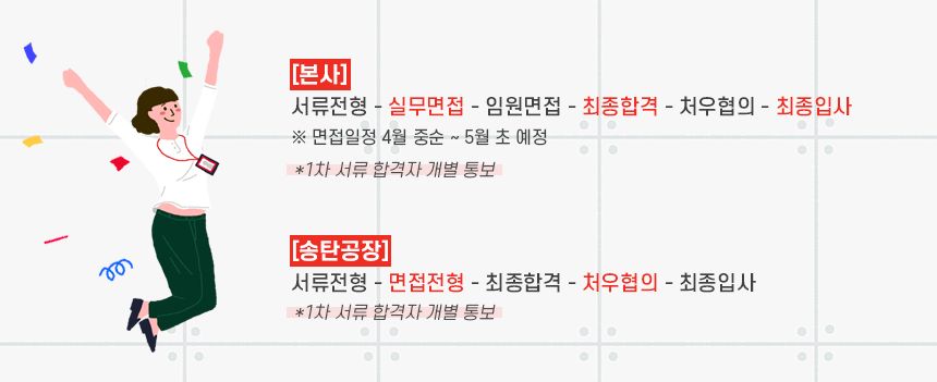 [본사]
서류전형 - 실무면접 - 임원면접 - 최종합격 - 처우협의 – 최종입사
[송탄공장]
서류전형 – 면접전형 – 최종합격 – 처우협의 – 최종입사
