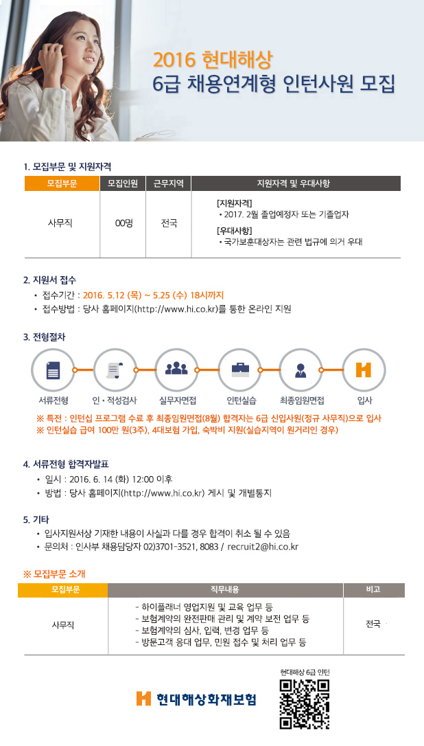 2016 현대해상 6급 채용연계형 인턴사원 모집