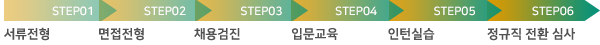 서류전형 → 면접전형 → 채용검진 → 입문교육 → 인턴실습 → 정규직 전환 심사