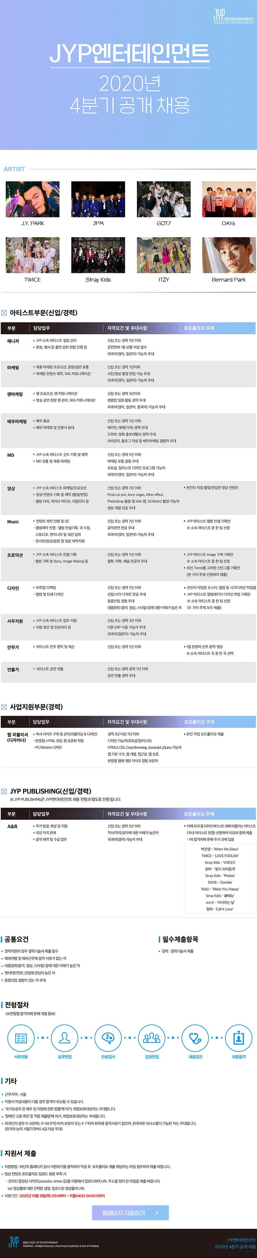 JYP엔터테인먼트 2020년 4분기 공개채용