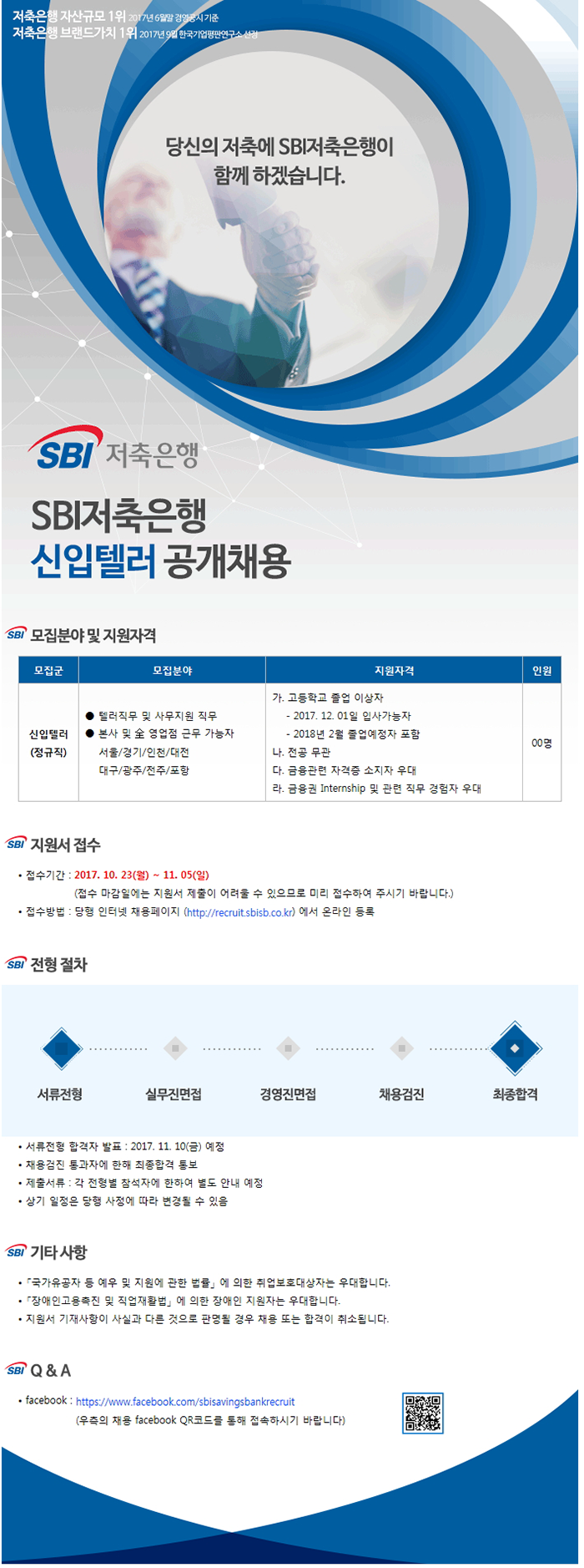 SBI저축은행 2017년 하반기 신입텔러 공개채용