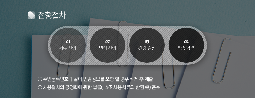 서류 전형 → 면접 전형 → 건강 검진 → 최종 합격