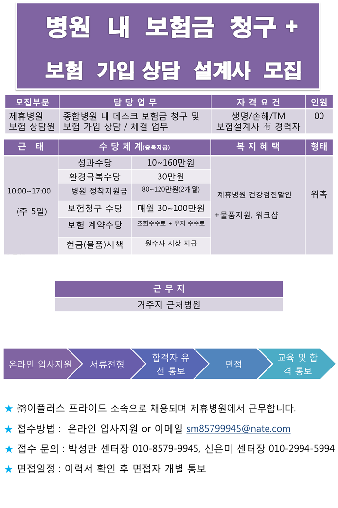 이플러스금융판매(주) - (전주/부산)병원 내 보험금청구센터 보험설계사근무자 모집 - 사람인 - 방문자수 1위 www.saramin.co.kr... 
