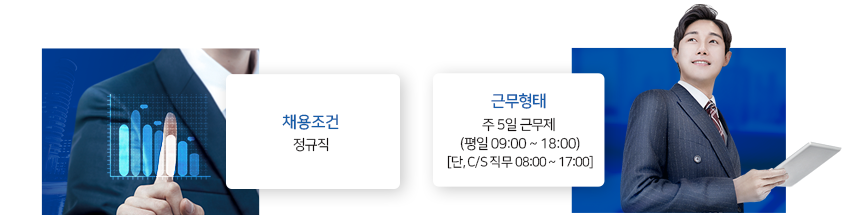 채용조건 정규직 근무형태 주5일근무제 (평일09:00~18:00 단,C/S 직무 08:00~17:00) 