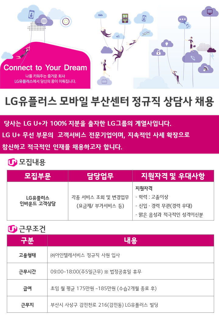 LG유플러스 모바일 부산센터 정규직 상담사 채용