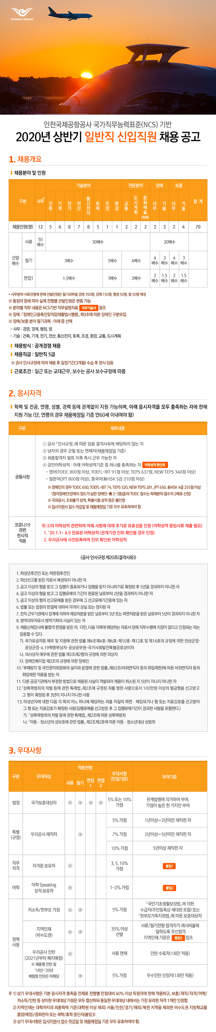 인천국제공항공사 2020년 상반기 일반직 신입직원 채용 공고