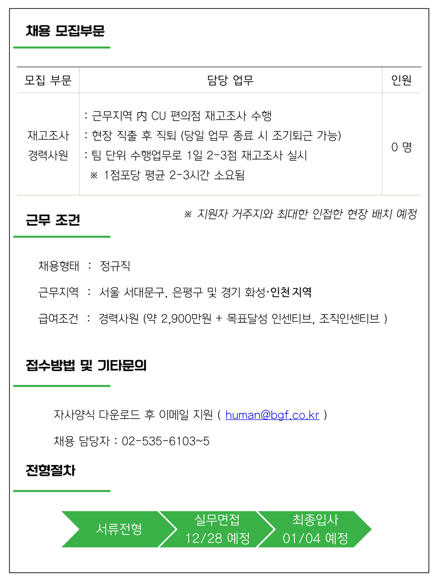 [(주)BGF휴먼넷] CU편의점 재고조사 경력사원 채용 - 사람인