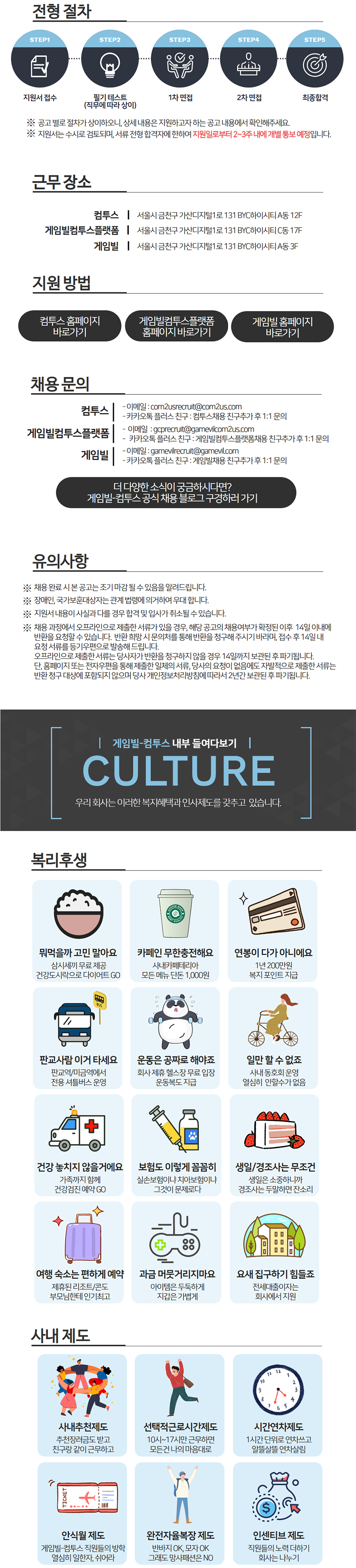 ㈜컴투스 전형절차/근무장소/지원방법/채용문의/유의사항/복리후생/사내제도