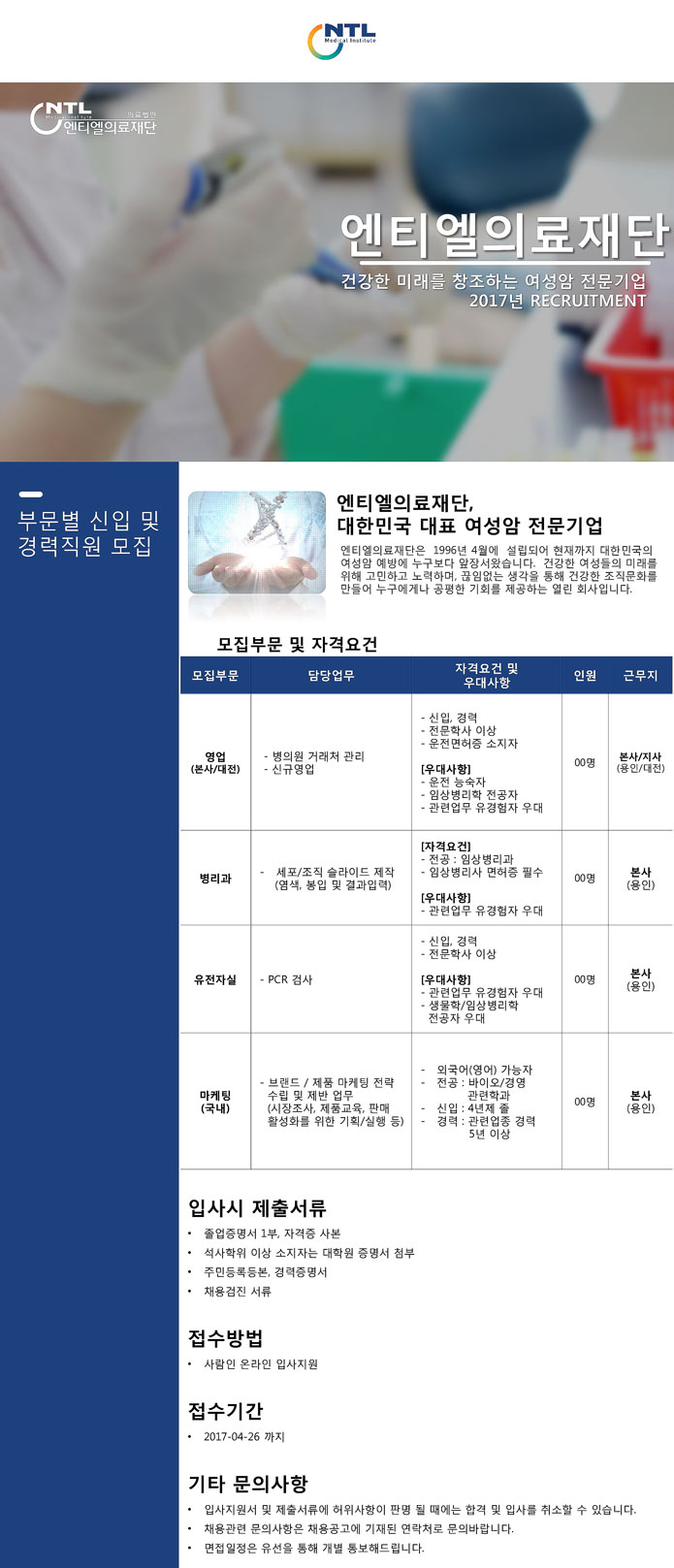 [(의)엔티엘의료재단] 2017년 상반기 부문별 신입/경력직원 모집 - 사람인