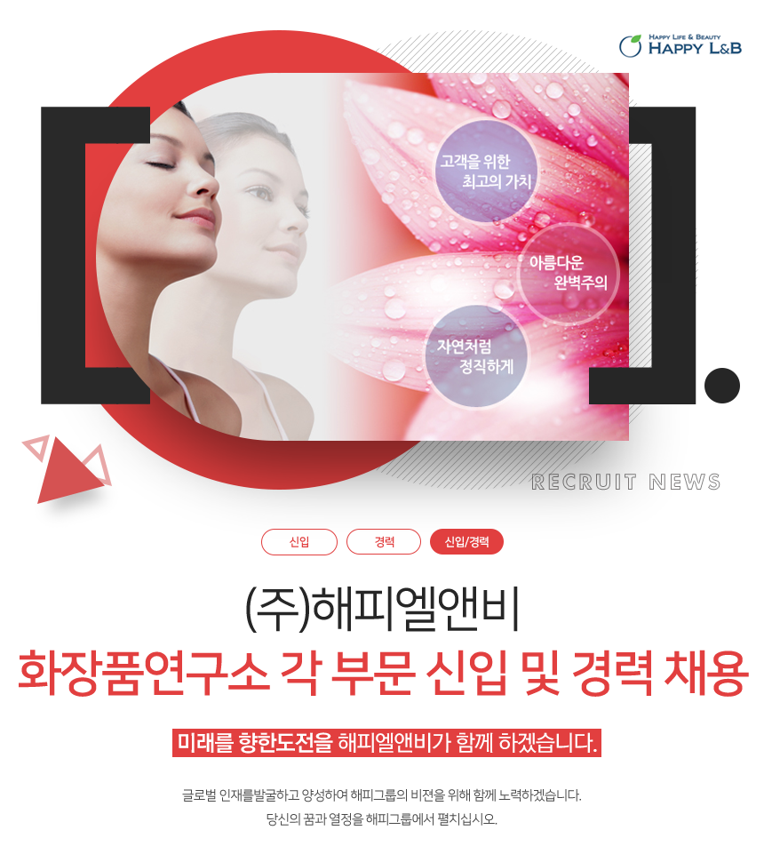 [(주)해피엘앤비] ㈜해피엘앤비 화장품연구소 각 부문 신입 및 경력 채용 - 사람인