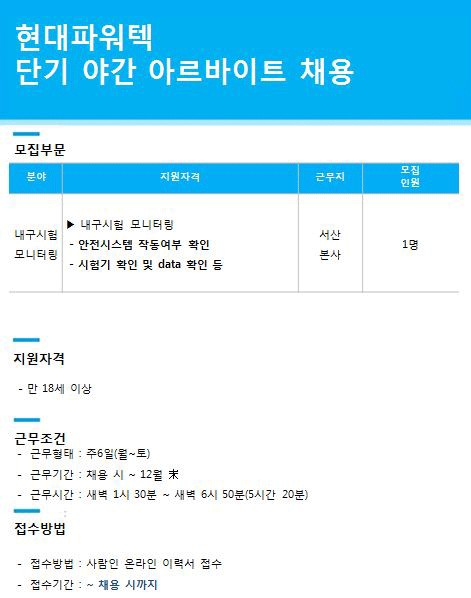[현대파워텍(주)] 내구시험 모니터링 단기 야간 아르바이트 채용 - 사람인
