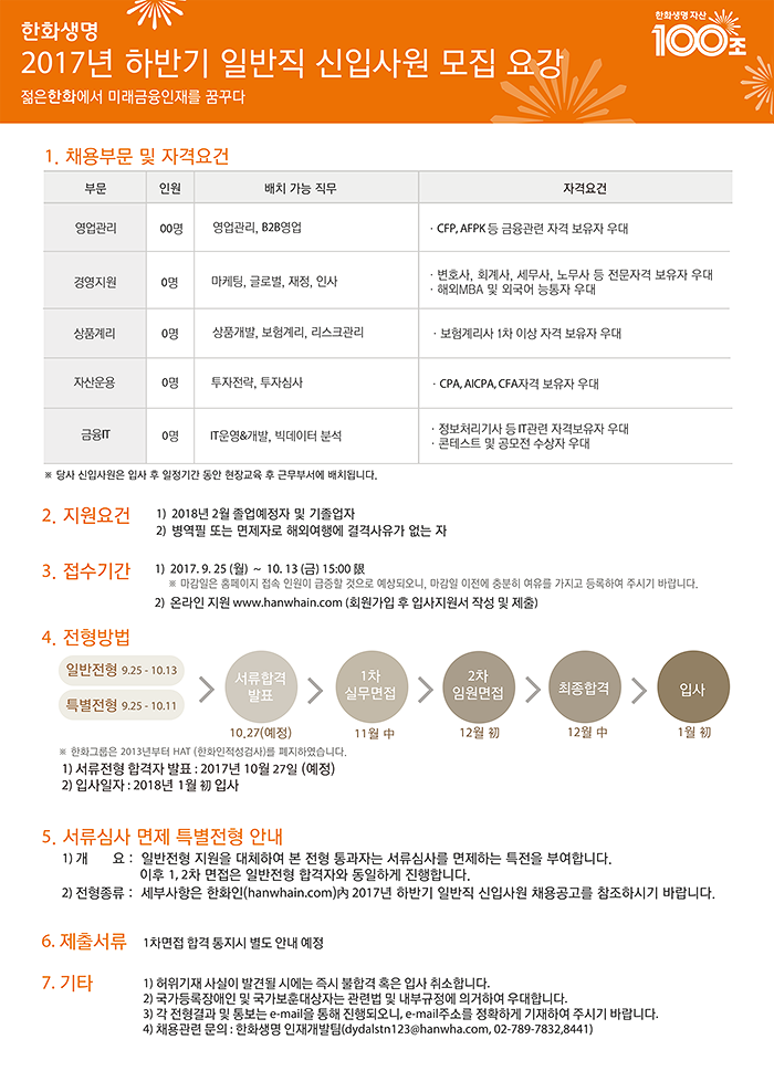 [한화생명보험(주)] 2017년 하반기 일반직 신입사원 모집 - 사람인