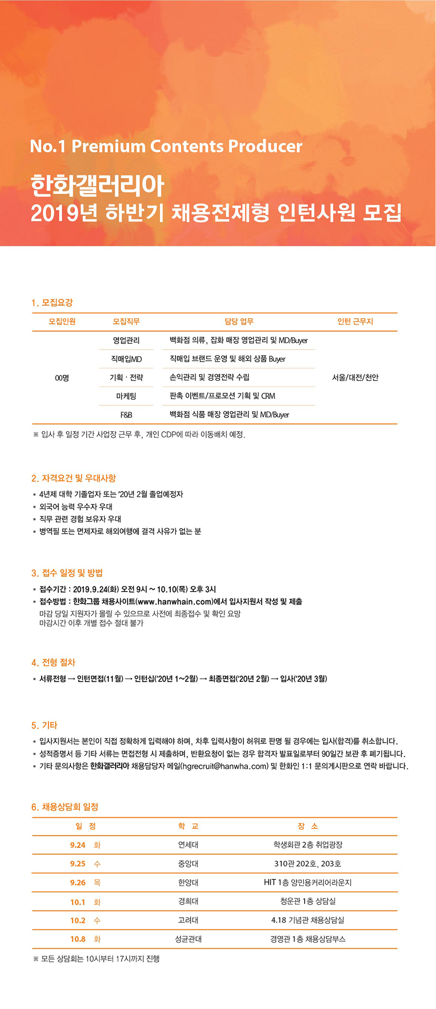 [(주)한화갤러리아] 2019년 하반기 채용전제형 대졸 인턴사원 모집 - 사람인