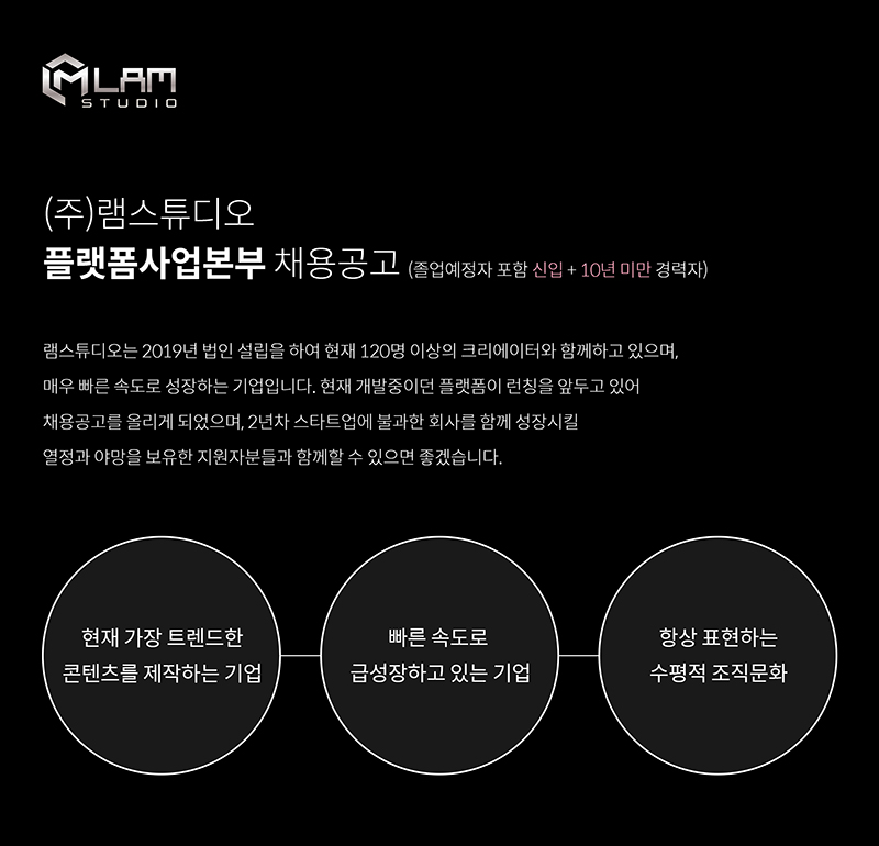 [주식회사 램 스튜디오(LAM STUDIO)] [램스튜디오] 플랫폼사업본부 신규직원 공개채용 - 사람인