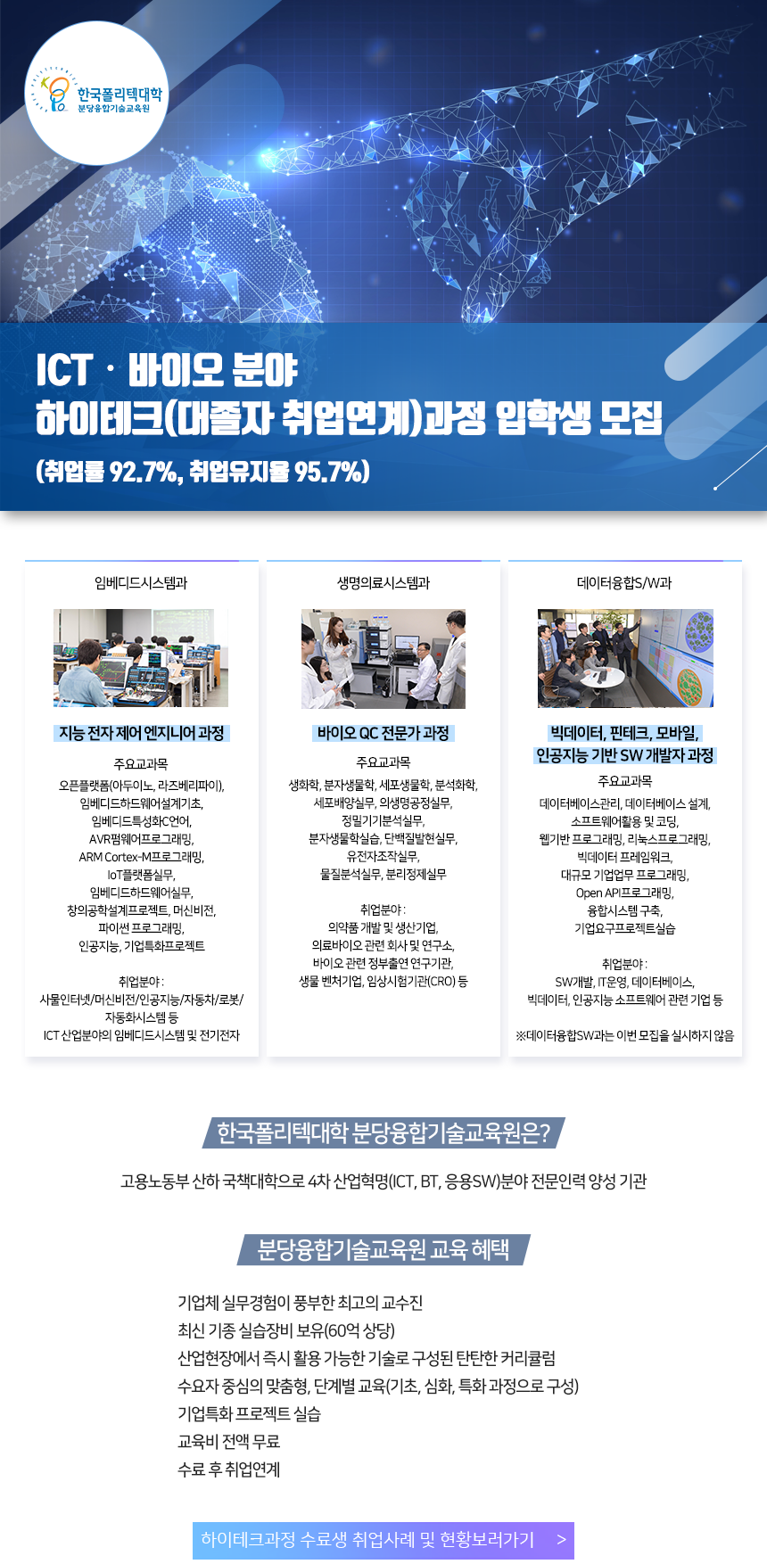 한국폴리텍대학 융합기술교육원
ICT‧바이오 분야 하이테크(대졸자 취업연계)과정 입학생 모집 (취업률 92.7%, 취업유지율 95.7%)