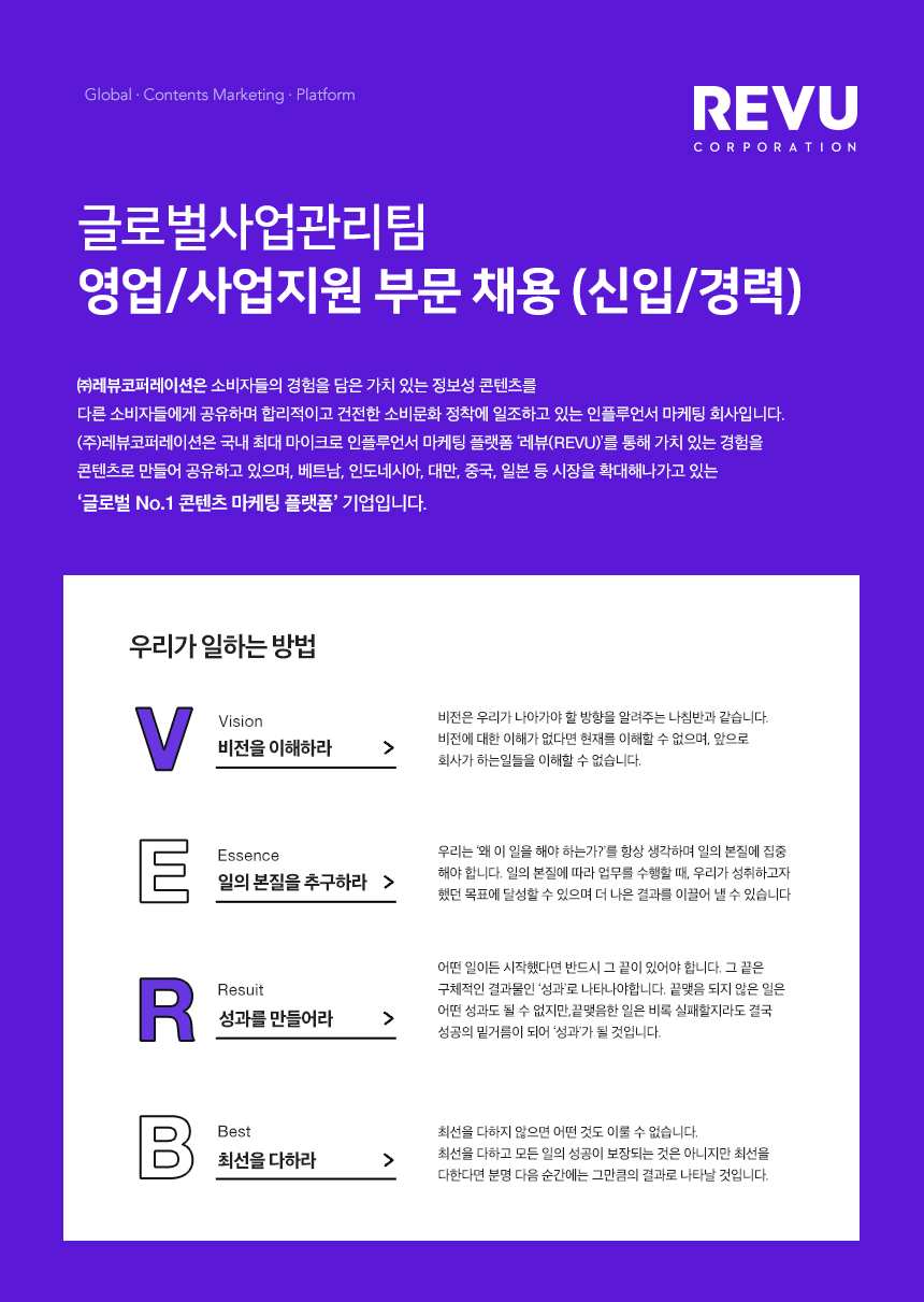 [(주)레뷰코퍼레이션] 글로벌사업관리팀 영업/사업지원 부문 채용 (신입/경력) - 사람인