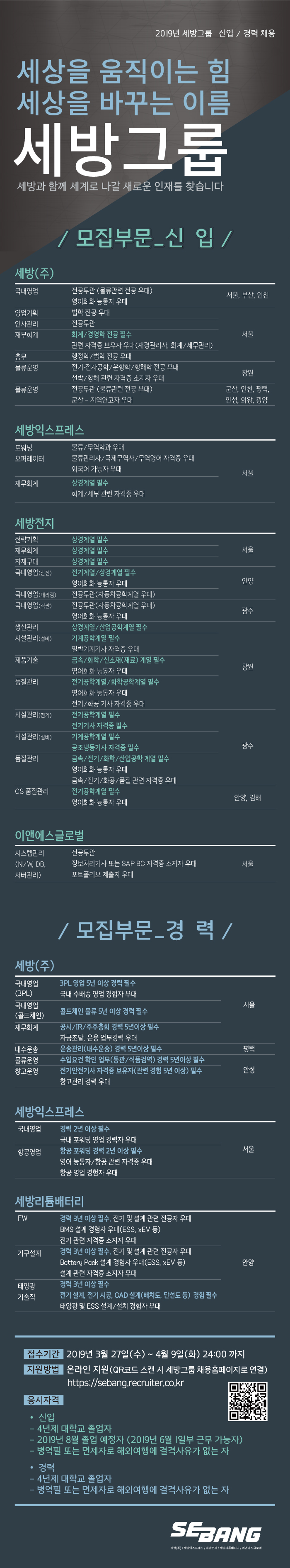 세방그룹 2019년 신입/경력 공개채용